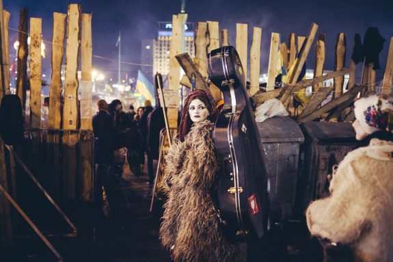 The Dakh Daughters music band goes to their concert on Euromaidan. Kiev, Dec. 21, 2014